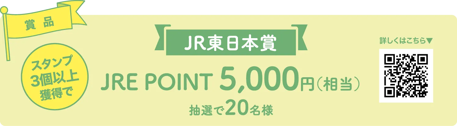 賞品 スタンプ3個以上獲得でJR東日本賞JRE POINT 5,000円（相当）抽選で20名様